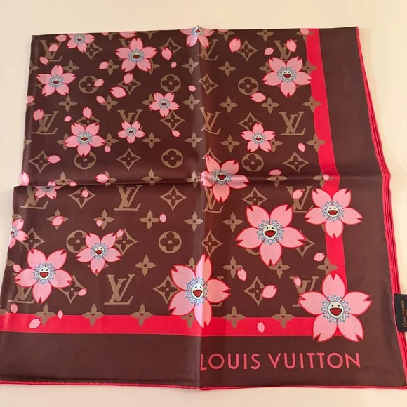 Louis Vuitton x Takashi Murakami Cherry Blossom Silk Scarf Brown Pink Monogram - Picture 3 of 8